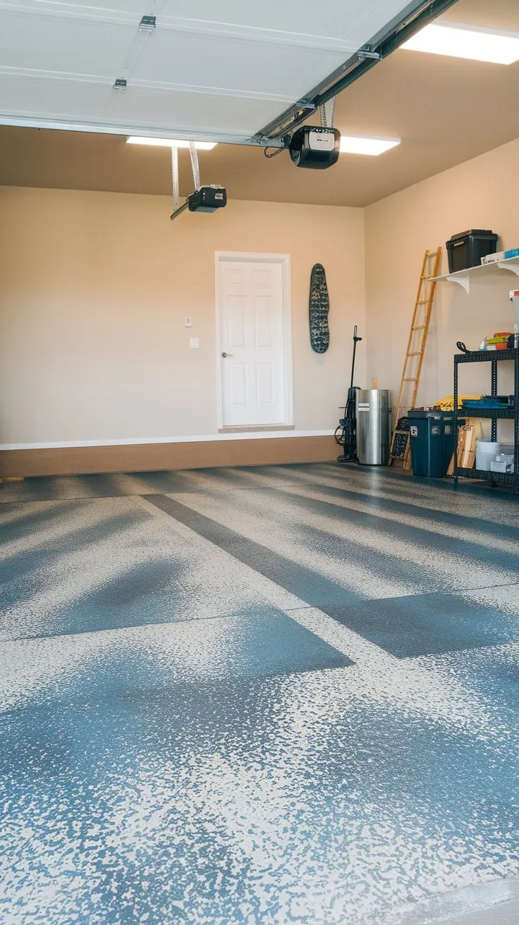 A stunning blue and white epoxy floor with textured design transforms a simple garage into an organized and attractive workspace.