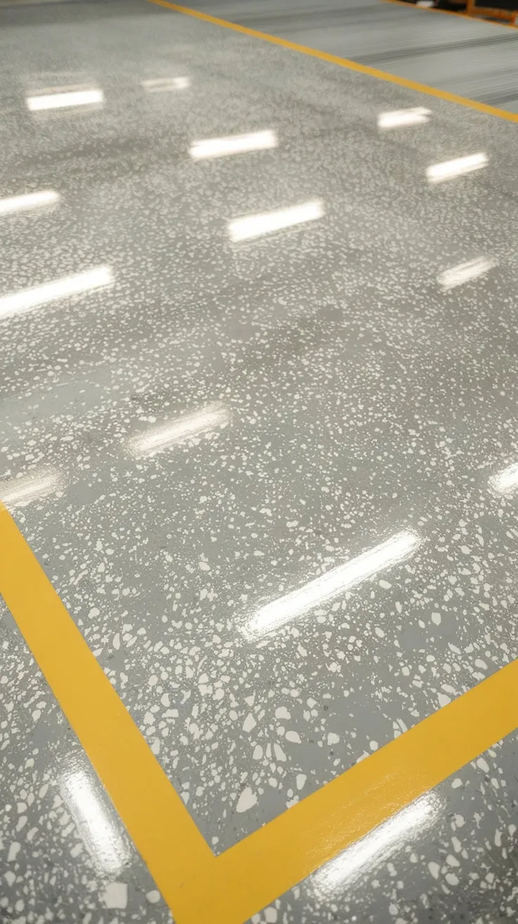 A shiny medium-gray epoxy garage floor with white speckles, yellow edges, and minor wear shows off a durable and stylish finish