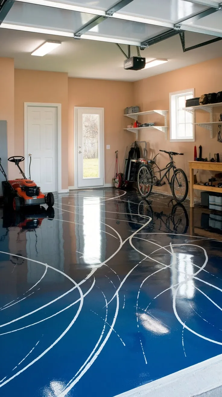 A glossy deep blue epoxy floor with white swirls transforms this organized garage, showcasing tools and equipment amidst beige walls and ample storage.