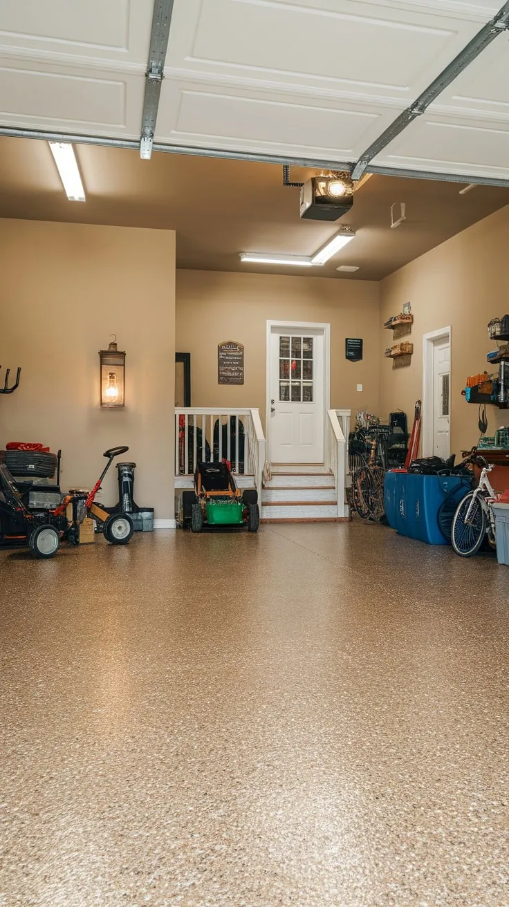 A textured beige epoxy floor with white and beige flecks provides a clean, bright foundation for a well-lit garage filled with tools and equipment.