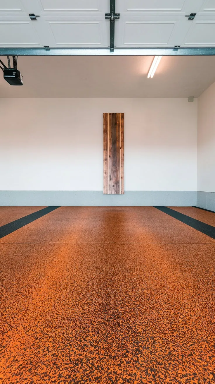 Epoxy-coated in a textured orange and black pattern, the garage floor pops against the clean white walls and ceiling.