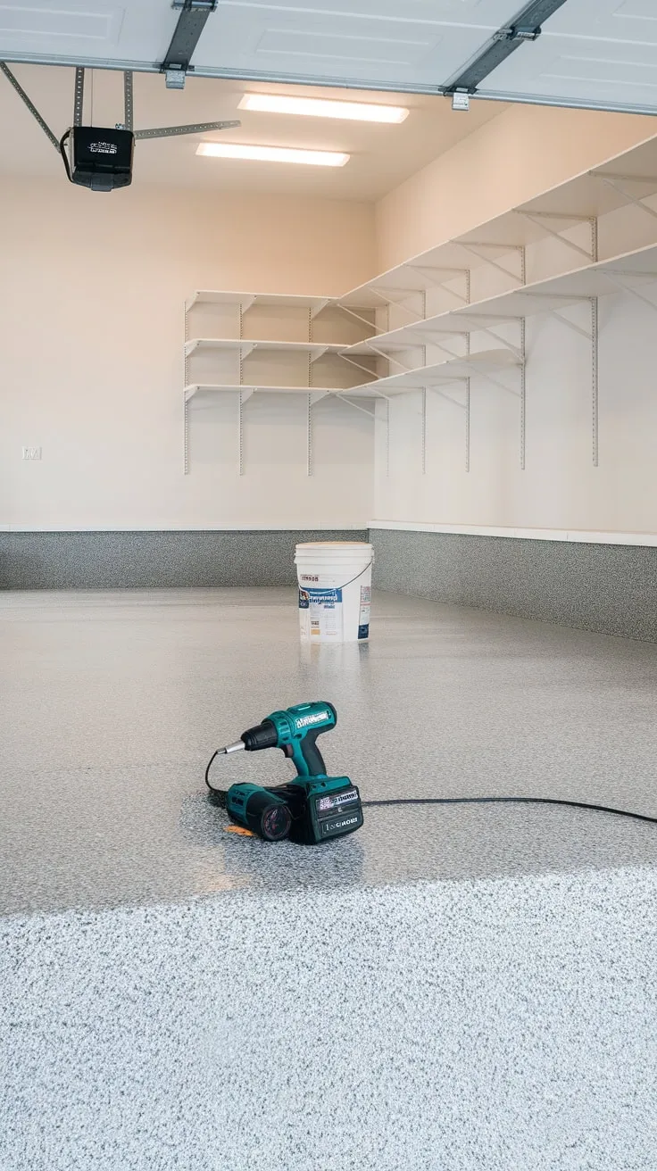 A sleek medium-grey epoxy floor with white and black speckles transforms this garage into a clean, functional workspace