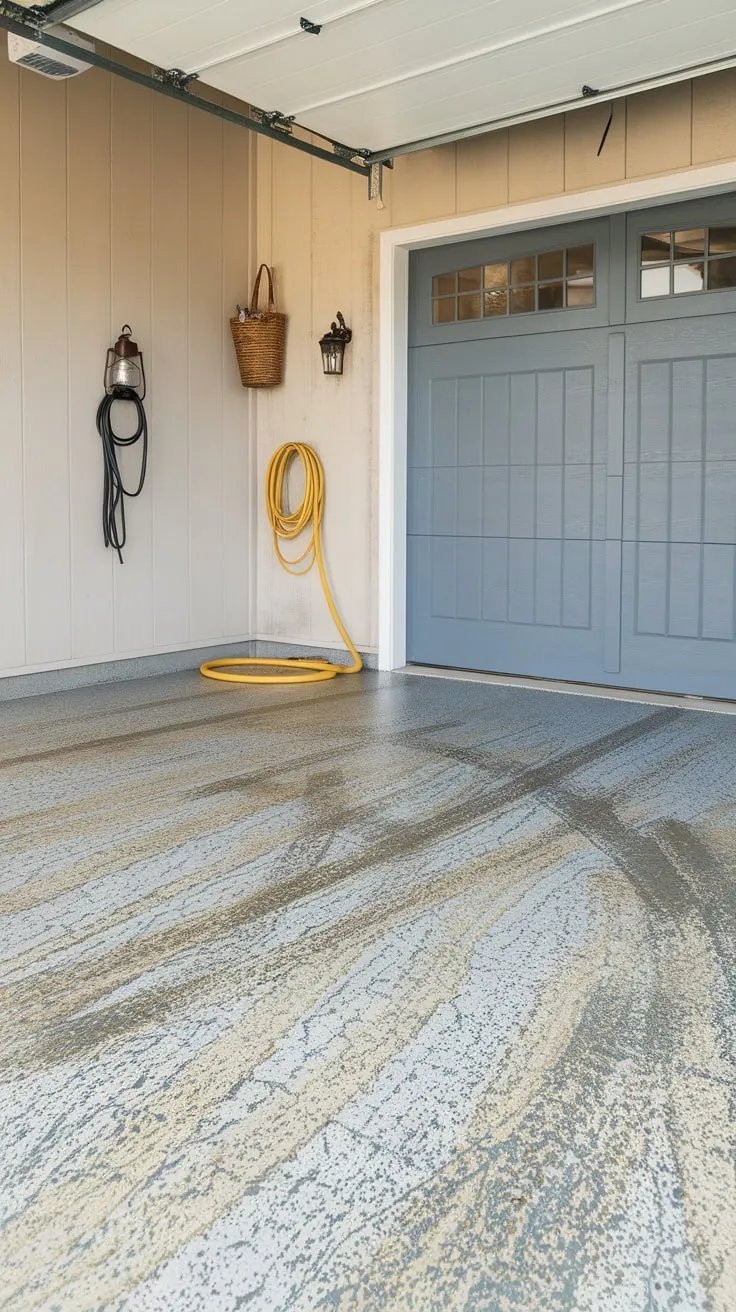 Scratched yet stylish, a light grey epoxy garage floor stands out against a blue door and beige walls.