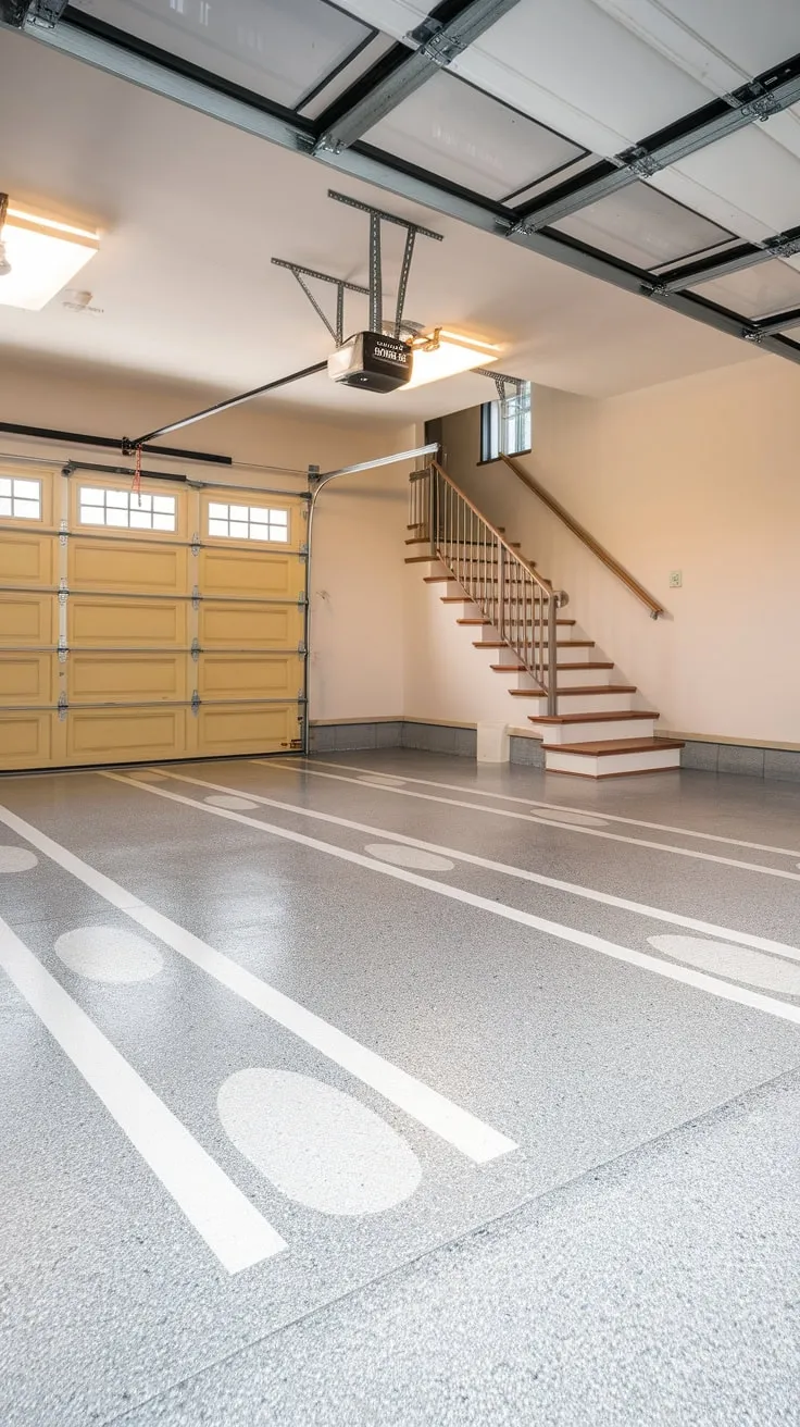 A fresh epoxy coating transforms this garage, showcasing a light gray speckled floor with stylish oval designs, complemented by a yellow door and metal stairs.