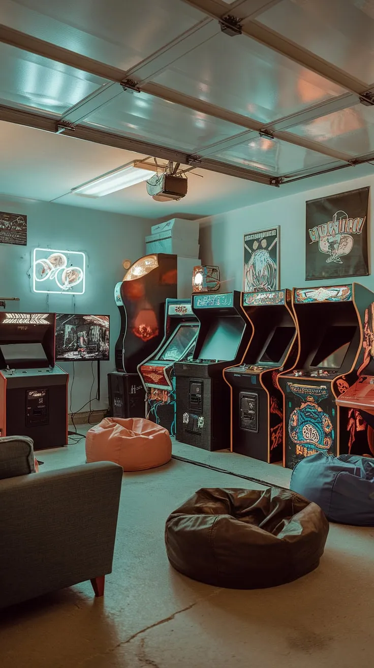Check out this epic garage conversion! This garage games room is a gamer's paradise, showcasing creative garage design and offering a wealth of hobby room ideas. With a mix of classic arcade machines and modern consoles (PlayStation and Nintendo Switch are just the start!), comfy seating, and vibrant decor, it's the ultimate mancave in garage. Looking for cool man cave ideas or gaming garage ideas? This garage game room provides ample inspiration. Consider this your guide to garage man cave ideas.