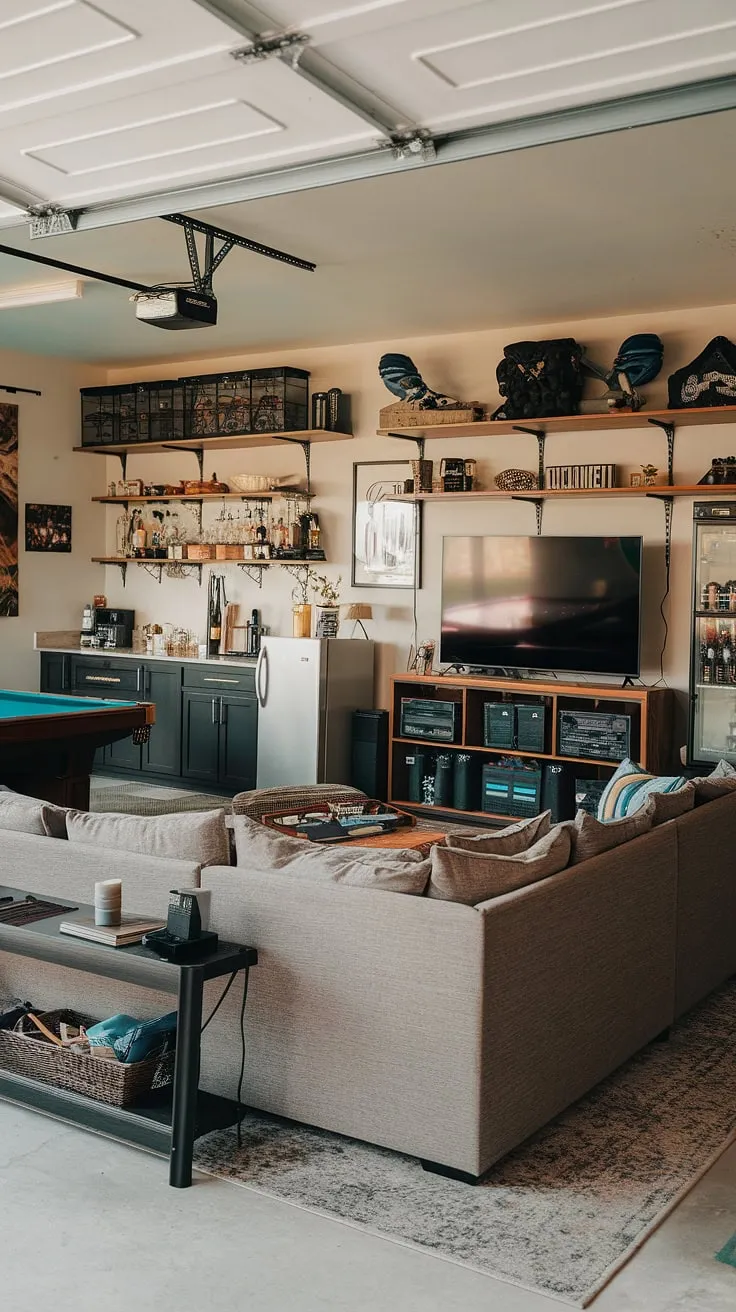This garage game room is the ultimate man cave in garage, overflowing with gaming garage ideas and cool man cave ideas. The garage conversion games room design is a perfect blend of hobby room ideas and pure entertainment.