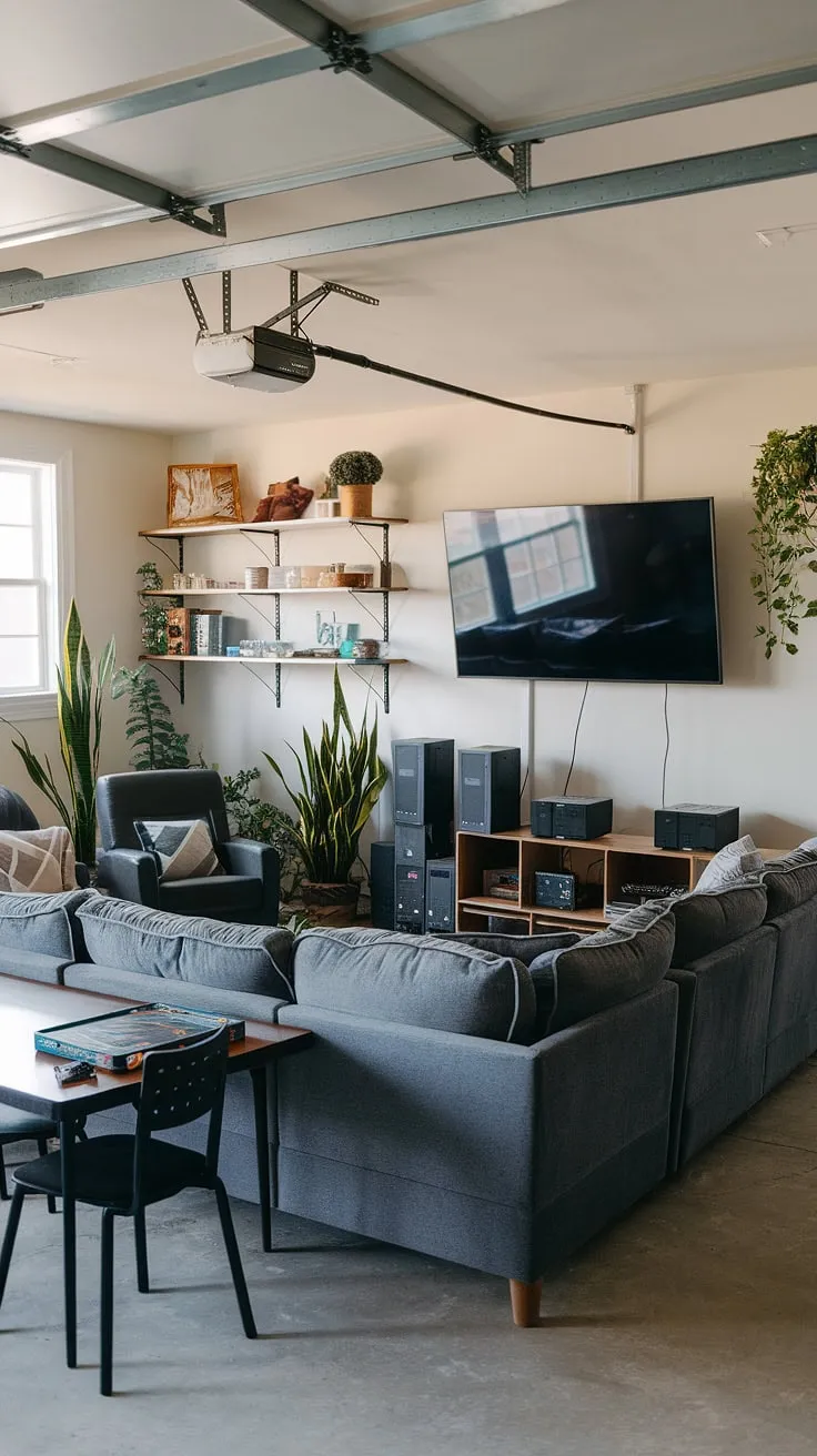 This garage game room is the ultimate man cave in garage, showcasing clever garage design and brimming with hobby room ideas. The comfortable sectional sofa and chairs invite relaxation, while the large TV, multiple game consoles, and board game table offer endless entertainment. This garage conversion games room is a testament to cool man cave ideas and provides inspiration for your own gaming garage ideas and garage man cave ideas.