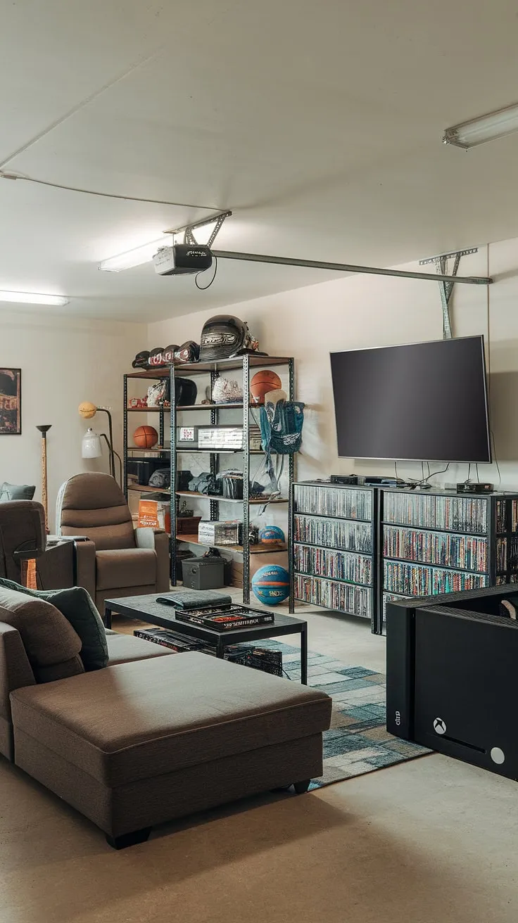 Transforming a garage into a dedicated gaming space? This garage man cave ideas project is pure inspiration! This garage game room boasts a stunning garage design, featuring comfortable seating, a large TV, and a collection of gaming consoles including a PlayStation 5 and Xbox Series X. The thoughtful garage conversion games room includes ample storage for games and personal items, showcasing creative hobby room ideas. Consider this a masterclass in cool man cave ideas and gaming garage ideas – a perfect blend of functionality and style for any serious gamer. This mancave in garage is the ultimate escape.