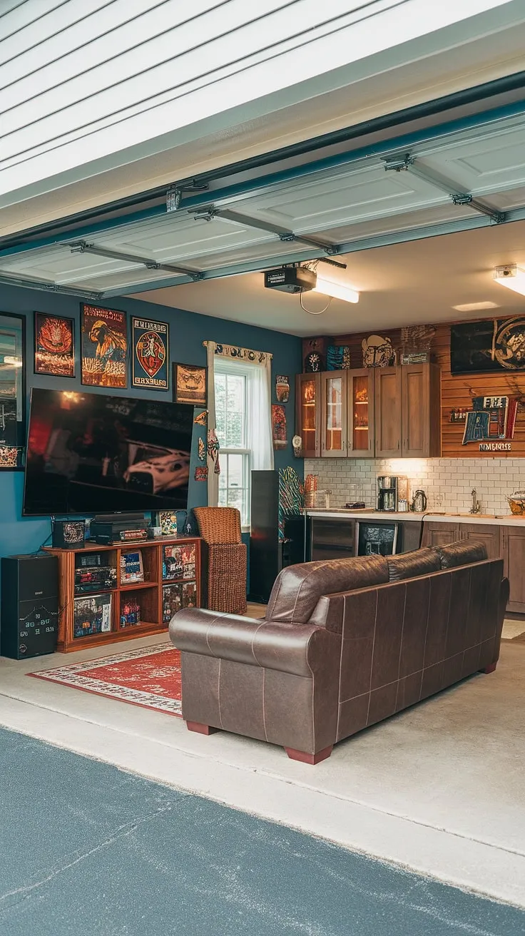 Escape the ordinary. This garage man cave ideas masterpiece transforms a simple garage into a fully-fledged entertainment hub.  From the impressive gaming setup and cozy couch to the thoughtful garage design and curated memorabilia, this garage conversion games room is a testament to creative hobby room ideas.  The perfect blend of functionality and fun, it's a true cool man cave ideas inspiration.