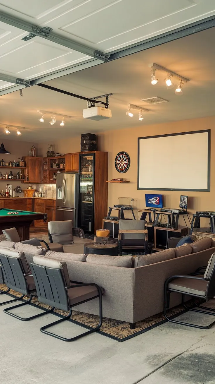 This garage conversion is a masterclass in garage design, turning a simple garage into a spectacular garage game room.  Packed with gaming garage ideas, this mancave in garage boasts a comfy seating area surrounding the gaming console, a projector screen for immersive gameplay, and plenty of space for other hobbies like pool and darts.  Explore these garage man cave ideas for your own ultimate hobby room ideas and cool man cave ideas – the possibilities are endless!  This garage conversion games room is pure inspiration.