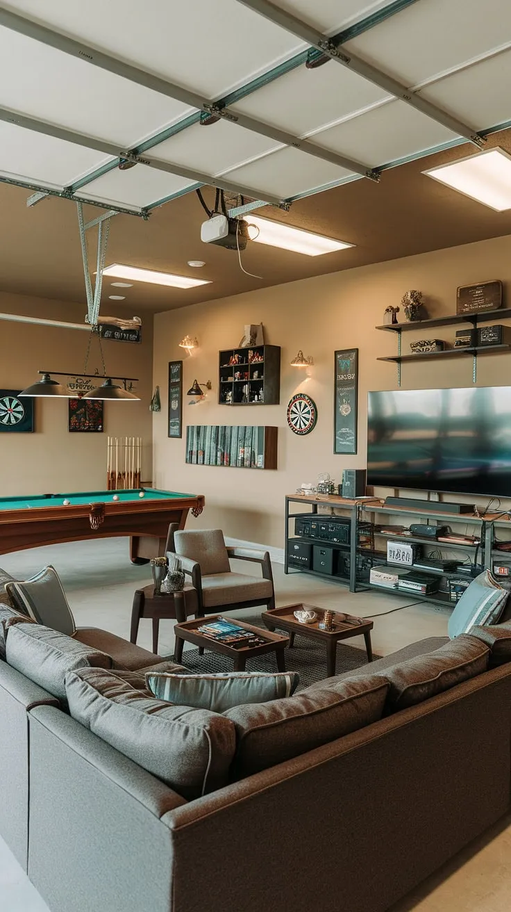From drab garage to fab game room! This garage conversion games room is the epitome of cool man cave ideas.  The thoughtful garage design incorporates ample seating, a pool table, dartboard, and a serious gaming setup.  This mancave in garage is the ultimate hobby room ideas and showcases some seriously impressive gaming garage ideas.  Transform your garage into the ultimate entertainment space with these inspiring garage man cave ideas.