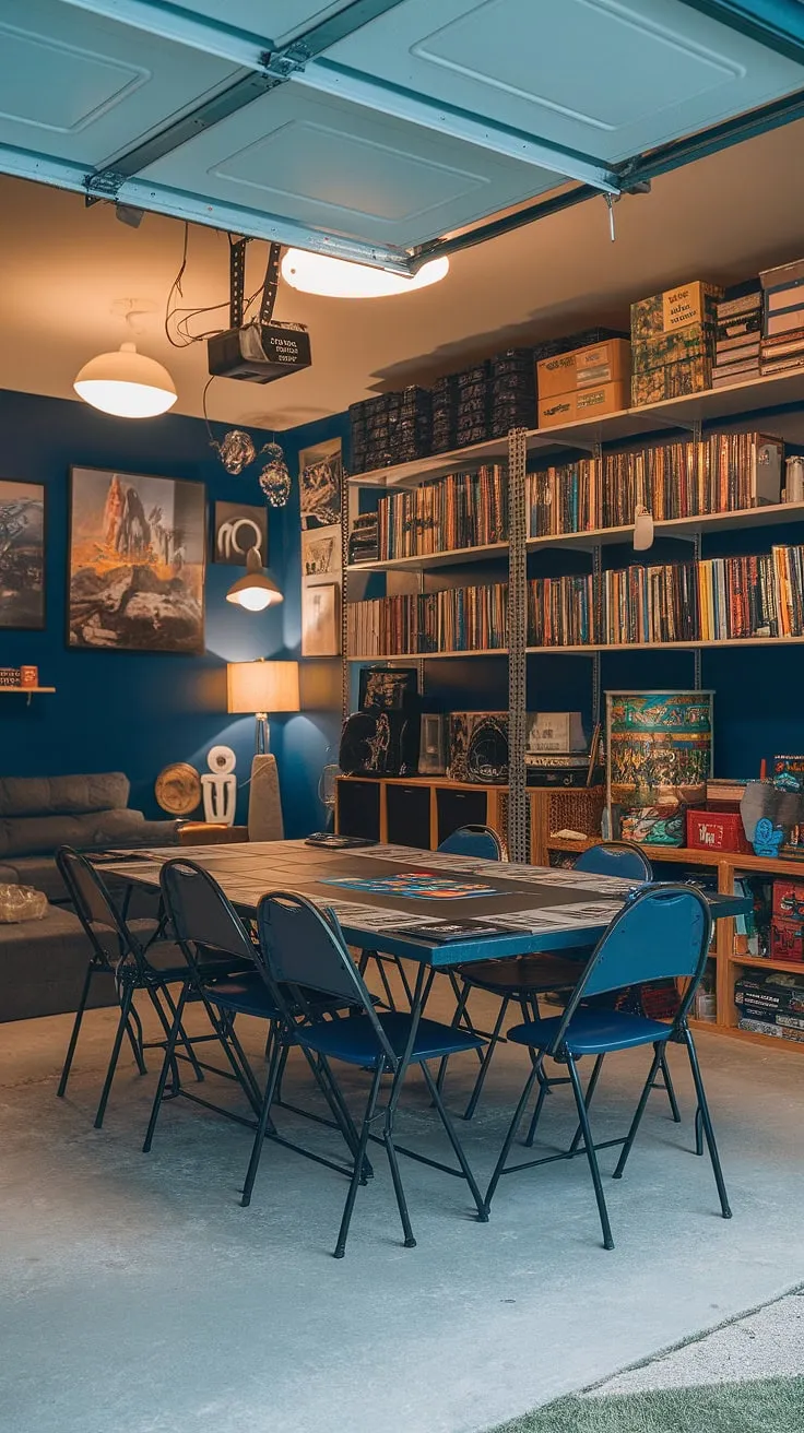Escape the ordinary with this garage man cave ideas masterpiece.  This garage game room is a testament to creative garage design, transforming a simple garage into a stunning hobby room ideas haven.  Packed with gaming garage ideas and perfect for board game nights, this mancave in garage is the ultimate blend of comfort and entertainment.  A true garage conversion games room success story.