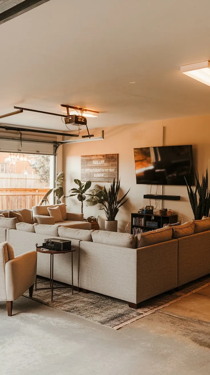 This garage game room conversion is the ultimate man cave in garage, showcasing clever garage design and brimming with cool man cave ideas. The comfortable sectional sofa, armchairs, and gaming setup create the perfect space for relaxation and gaming, making it a fantastic example of hobby room ideas and garage conversion games room possibilities. The warm lighting and potted plants add a touch of homeliness to this inspiring gaming garage ideas space.