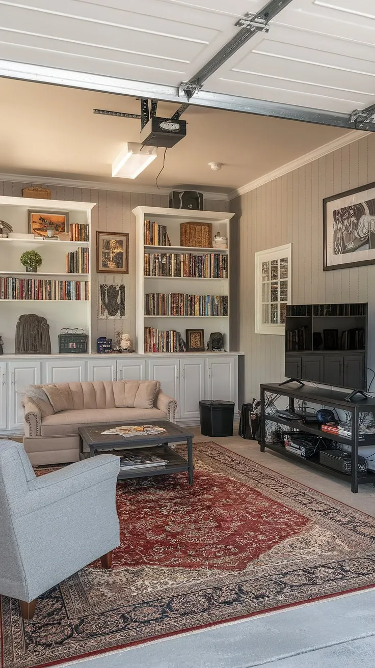 Transform your garage into the ultimate man cave! This garage game room boasts a comfortable seating area, a dedicated gaming setup, and stylish storage solutions. From the Persian rug to the carefully chosen furniture, this garage design is a masterclass in hobby room ideas. Get inspired by these cool man cave ideas and discover the potential of your own garage conversion games room. Explore these gaming garage ideas and create your own personal sanctuary.