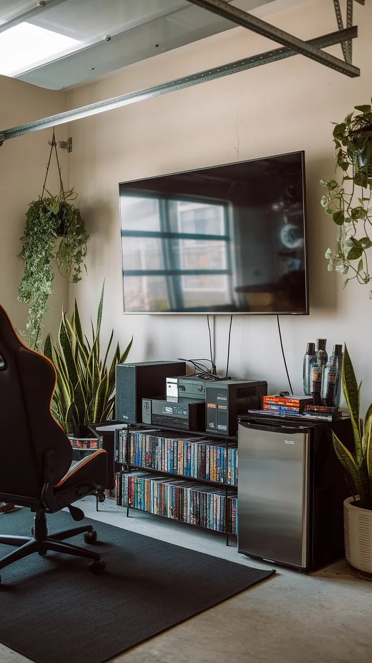 Escape to this meticulously designed garage game room—a true mancave in garage. This garage man cave ideas masterpiece boasts a large screen TV, a dedicated gaming chair, and a comprehensive video game library. The thoughtful garage design includes a mini fridge for convenience and potted plants for a touch of nature. Explore these hobby room ideas and find inspiration for your own gaming haven.