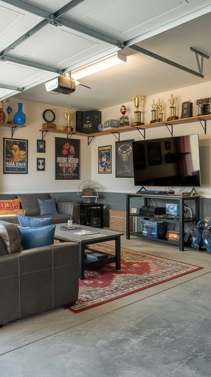 This garage game room is the ultimate man cave in garage, showcasing creative garage design and offering plenty of hobby room ideas. The concrete flooring complements the large screen TV and gaming console, while posters and shelves overflowing with trophies and memorabilia add a personal touch. This garage conversion games room is a masterclass in cool man cave ideas and provides inspiration for your own gaming garage ideas and garage man cave ideas.