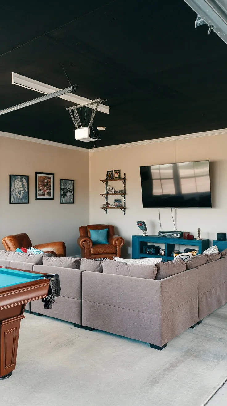 Escape to this incredible garage game room, a stunning example of garage conversion games room design. This mancave in garage features a large sectional, armchairs, a pool table, and a 65-inch TV for the best gaming garage ideas. The black ceiling adds a touch of sophistication to this ultimate hobby room, showcasing cool man cave ideas and inspiring garage design.