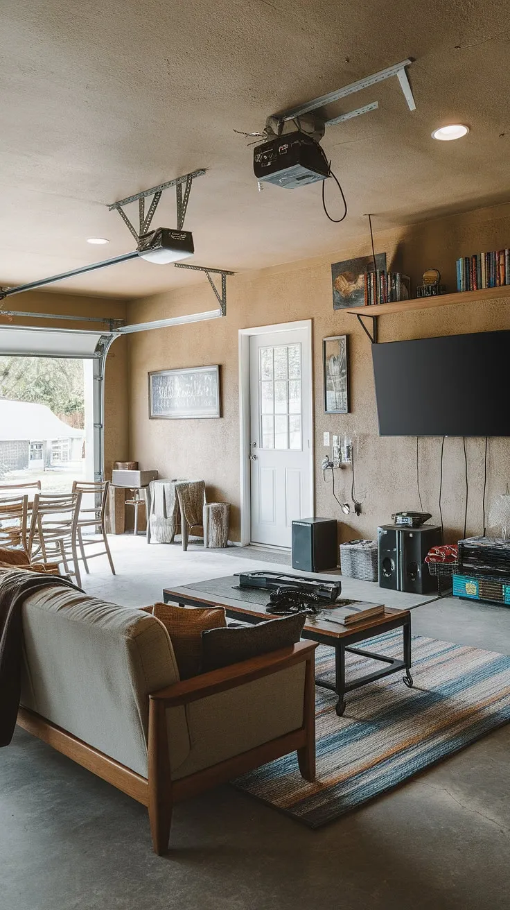This garage conversion is the ultimate gaming garage ideas come to life!  From the comfy couch perfect for marathon gaming sessions to the thoughtfully designed shelving and textured walls, this mancave in garage is a true testament to cool man cave ideas and hobby room ideas.  The perfect blend of comfort and functionality makes this garage game room a dream space.  Plenty of room for friends, this garage design is the epitome of garage man cave ideas and garage conversion games room inspiration.