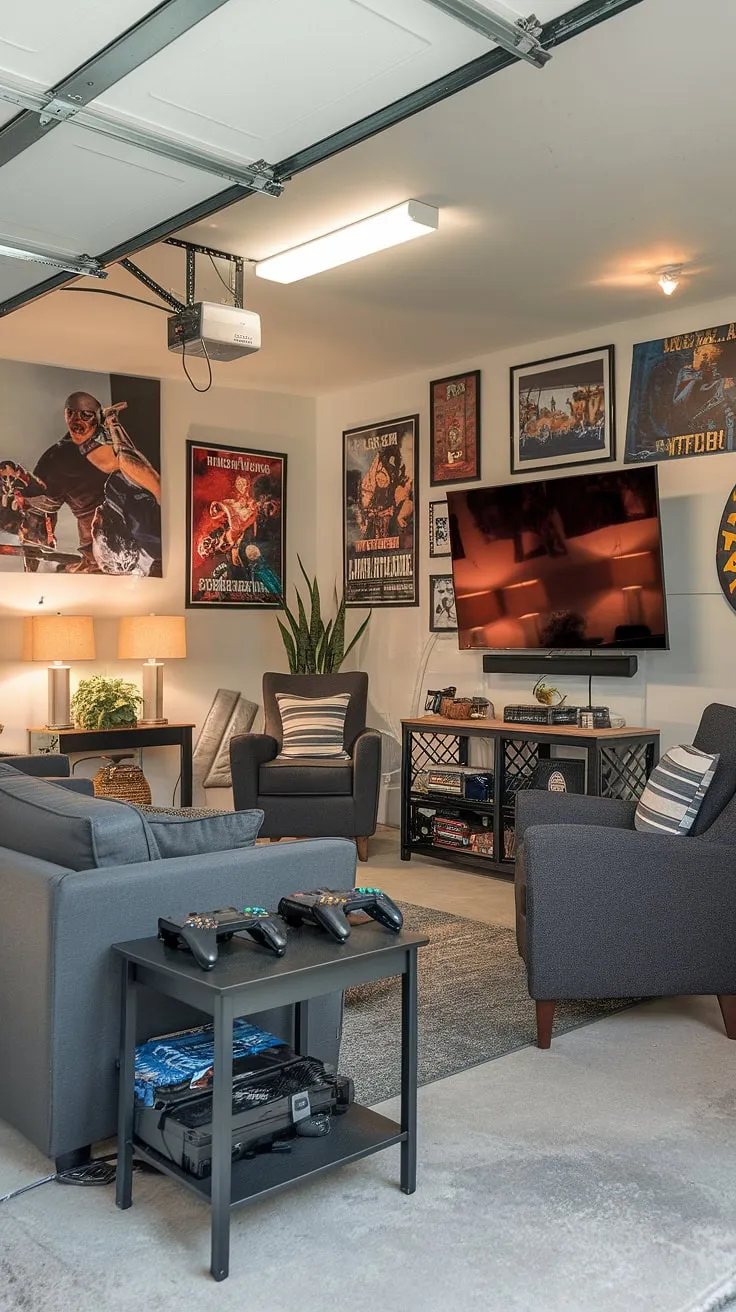 From drab garage to epic gaming haven! This garage conversion showcases awesome garage man cave ideas, proving that a mancave in garage can be the ultimate hobby room ideas.  This garage game room boasts clever garage design and cool man cave ideas, perfect for gaming garage ideas.