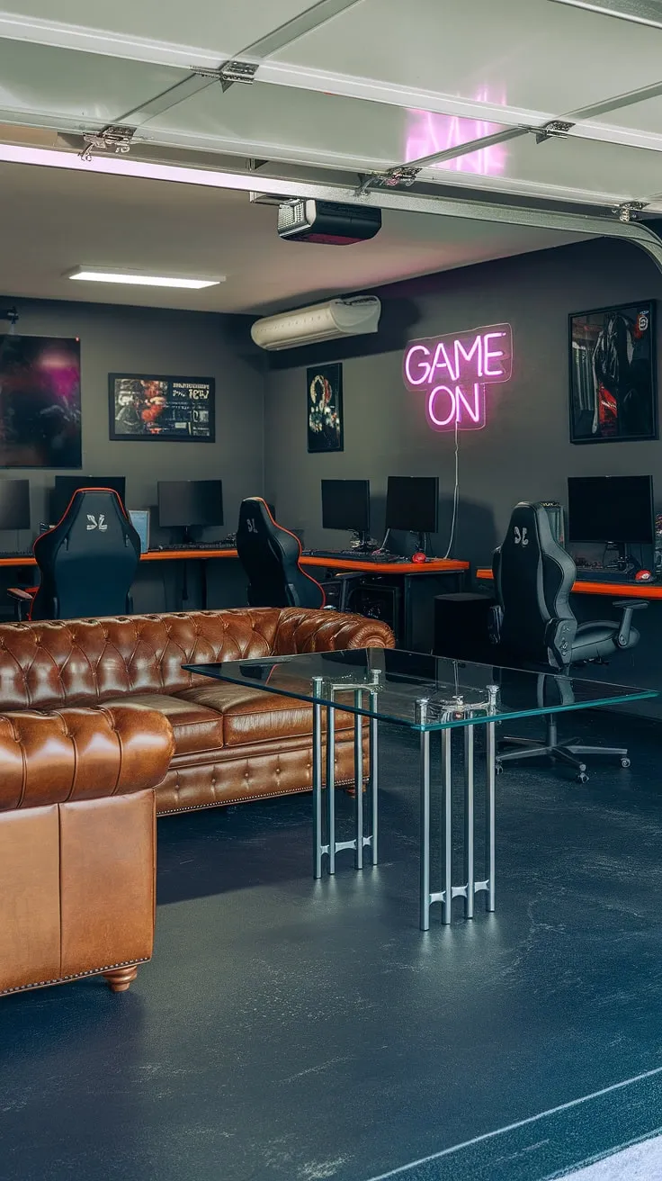 This garage conversion games room is the ultimate mancave in garage, showcasing cool man cave ideas and innovative garage design.  The leather sofa and multiple gaming stations, each a testament to serious gaming garage ideas, create the perfect blend of comfort and high-octane gameplay.  Plenty of hobby room ideas are on display in this epic garage game room.