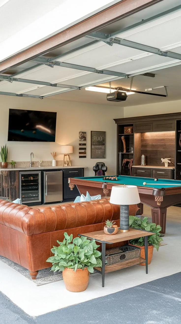 This garage game room is the definition of a perfect retreat.  The garage conversion seamlessly blends relaxation and entertainment, featuring a plush leather sofa, a fully stocked wet bar, and a stunning pool table.  Explore these garage conversion games room ideas and find inspiration for your own hobby room.  This mancave in garage is a masterclass in garage design, offering cool man cave ideas and gaming garage ideas for the ultimate gaming garage.