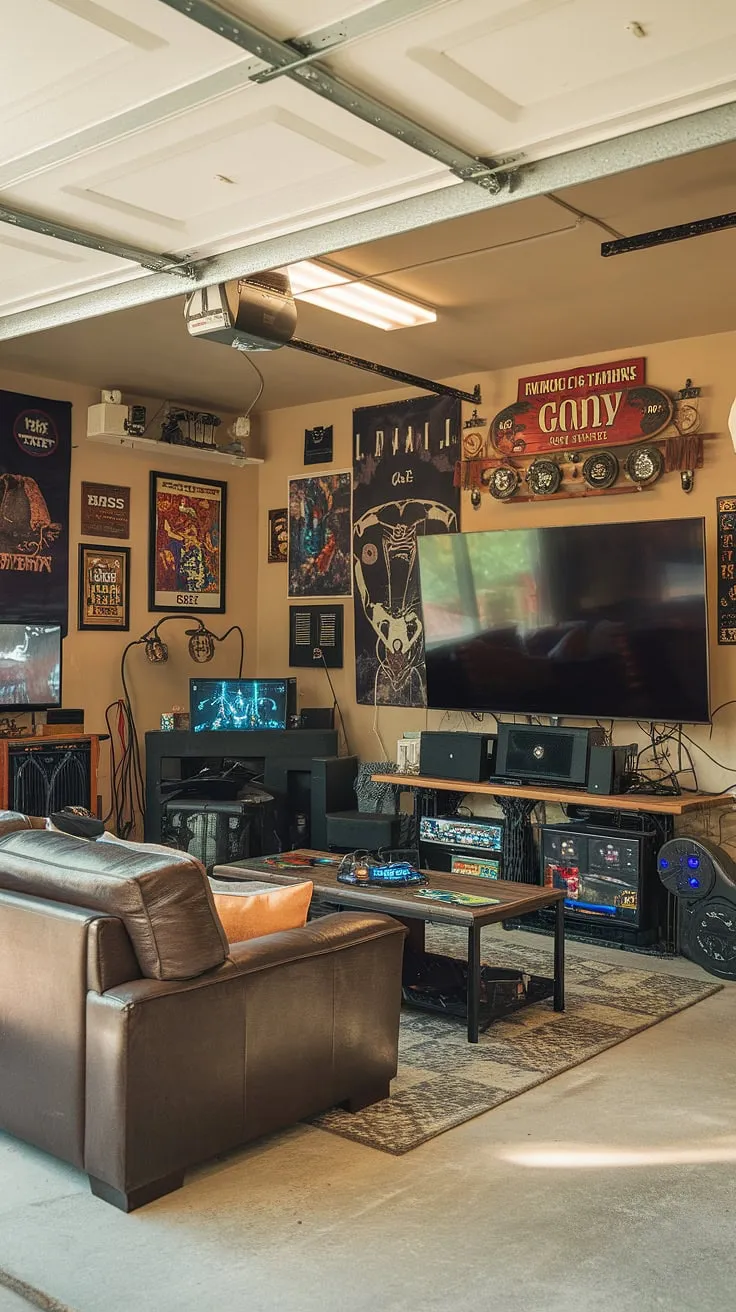 This garage conversion is the ultimate gaming haven! A comfy sofa sits center stage, perfect for marathon gaming sessions, surrounded by posters and gaming consoles. This mancave in garage showcases some seriously cool man cave ideas and offers plenty of inspiration for your own garage game room. From the garage design to the thoughtful hobby room ideas, this space is a masterclass in garage man cave ideas and gaming garage ideas. The bright lighting only enhances the awesome garage conversion games room.