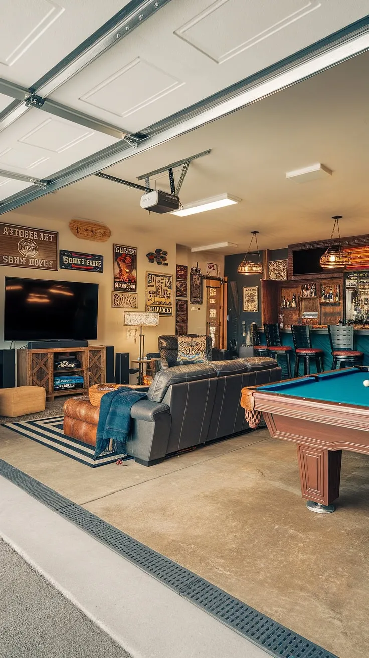 Transform your garage into the ultimate entertainment hub with these garage man cave ideas. This garage conversion games room boasts a stunning blend of gaming and leisure, featuring a large screen TV, gaming consoles, a pool table, and a fully stocked bar. The clever garage design incorporates both concrete and carpeted flooring, while the walls are adorned with posters and signs, creating a truly unique mancave in garage. Explore these gaming garage ideas and find inspiration for your own hobby room ideas and cool man cave ideas.