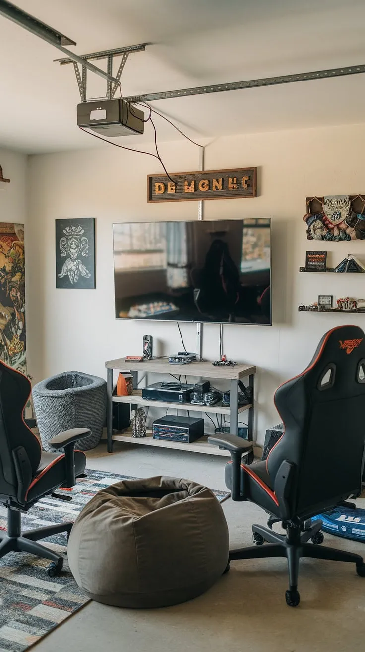 This garage game room is the ultimate mancave in garage, overflowing with gaming garage ideas. The garage design and hobby room ideas came together perfectly for a cool man cave idea. A true garage conversion games room success story!