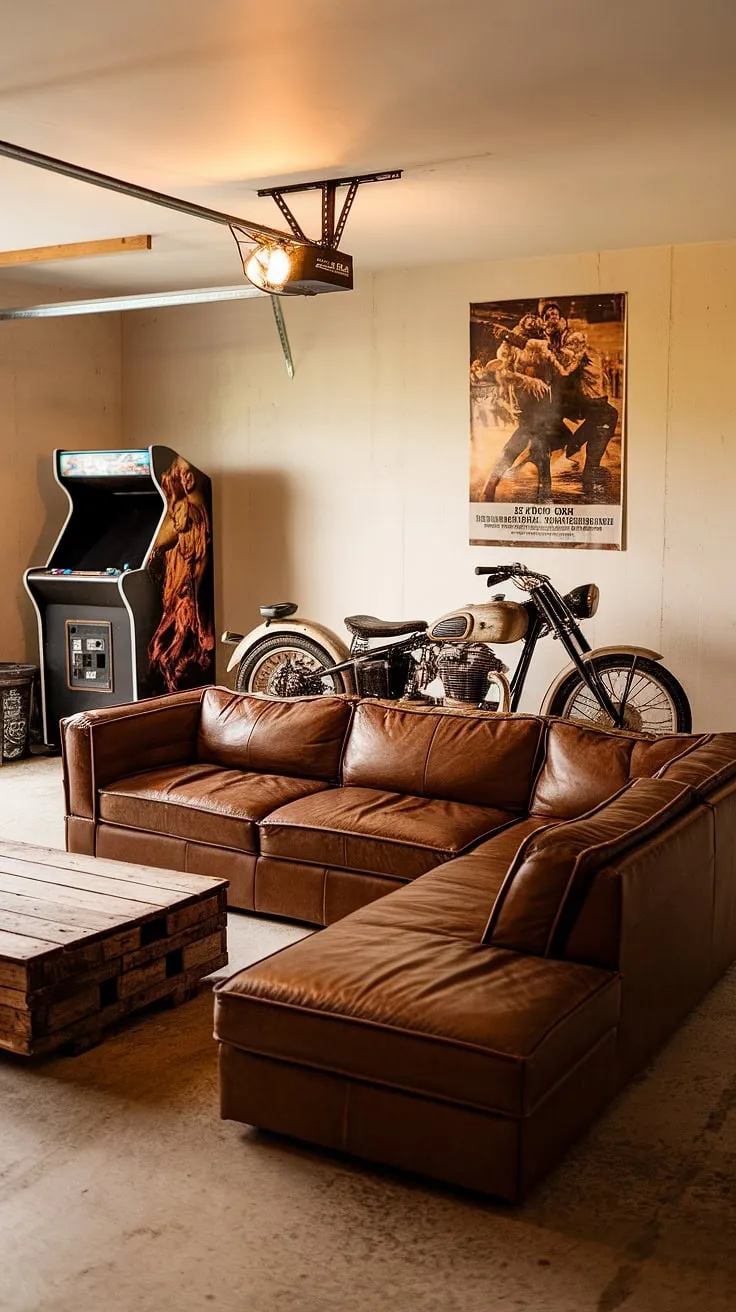 Transforming a garage into a functional and stylish space is easy with these garage conversion games room ideas. This mancave in garage boasts a relaxed atmosphere, complete with a large sectional, a handcrafted coffee table, and a classic arcade game. The vintage motorcycle and movie poster add character, making it a fantastic example of gaming garage ideas and hobby room ideas. This cool man cave ideas showcase is a testament to creative garage design.