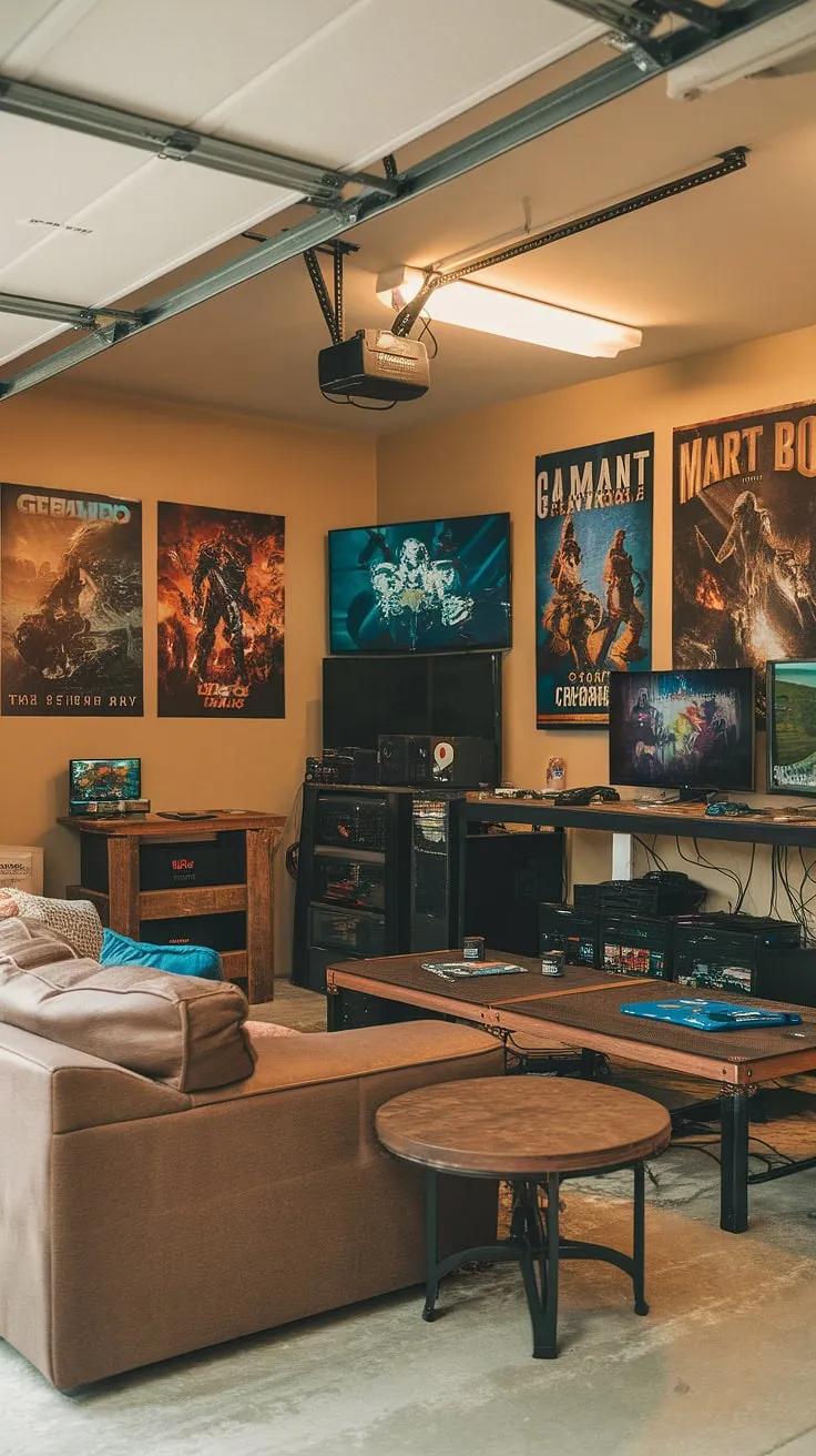 From drab garage to epic gaming haven! This garage conversion showcases incredible garage design, transforming it into the ultimate man cave in garage.  Plenty of space for friends, multiple consoles, and all the gaming garage ideas you could dream up.  Perfect hobby room ideas for the serious gamer.  This cool man cave ideas project proves that a garage game room can be both functional and stylish.  A true garage man cave ideas masterpiece.