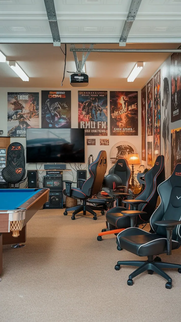 Escape the everyday in this incredible garage man cave ideas.  This garage game room transformation is a masterclass in garage design, boasting a perfect blend of gaming and leisure.  The multiple consoles, large screen, and pool table make it the ultimate mancave in garage, overflowing with cool man cave ideas and providing endless hobby room ideas.  Get inspired for your own gaming garage ideas.