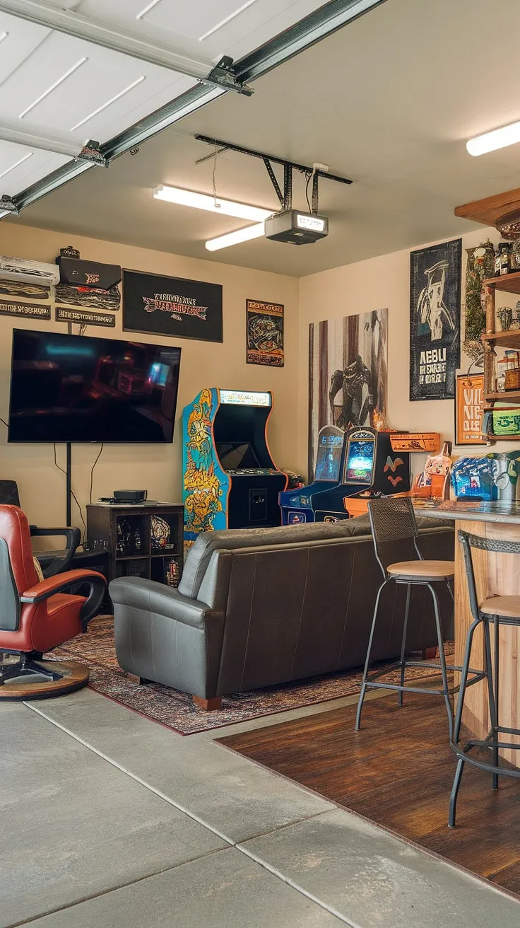 This garage conversion is the ultimate gaming garage: a man cave in garage boasting a killer setup, from the classic arcade machine to the massive screen.  Plenty of garage game room inspiration here, showcasing cool man cave ideas and hobby room ideas for any serious gamer.  This garage design proves that a little imagination can transform a simple garage into a legendary space.  Get your garage man cave ideas flowing!