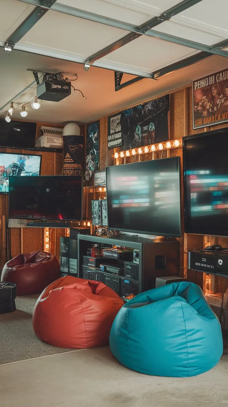Level up your leisure time! This garage man cave ideas masterpiece transforms a simple garage into a spectacular garage game room. Plenty of inspiration for your own gaming garage ideas and garage design.