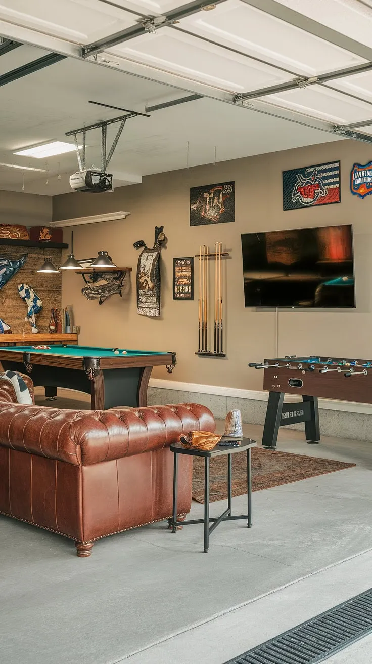 Transform your garage into the ultimate mancave in garage with this inspiring garage game room design. High ceilings and a concrete floor provide a rugged backdrop for the plush leather sofa, coffee table, and wall-mounted TV. The pool and foosball tables add a competitive edge, while sports memorabilia adds personality. Consider this a treasure trove of gaming garage ideas, garage design, hobby room ideas, and cool man cave ideas for your own garage conversion games room. This is the epitome of garage man cave ideas.