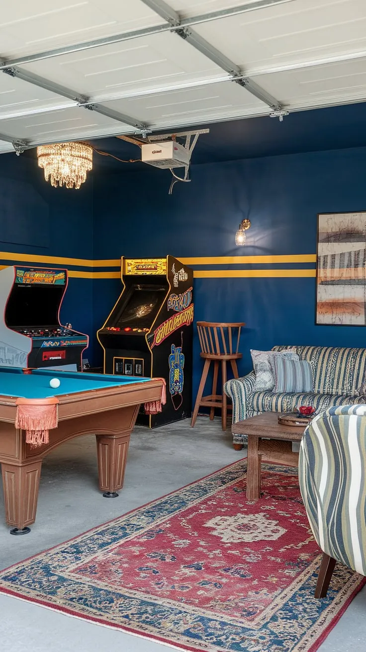 This garage game room conversion is the ultimate man cave in garage! Deep blue walls with yellow stripes, a vintage arcade machine, pool table, comfy seating, and a chandelier create the perfect atmosphere for fun. Plenty of gaming garage ideas and hobby room ideas come together in this cool man cave ideas space. This garage conversion games room is a masterclass in garage design.