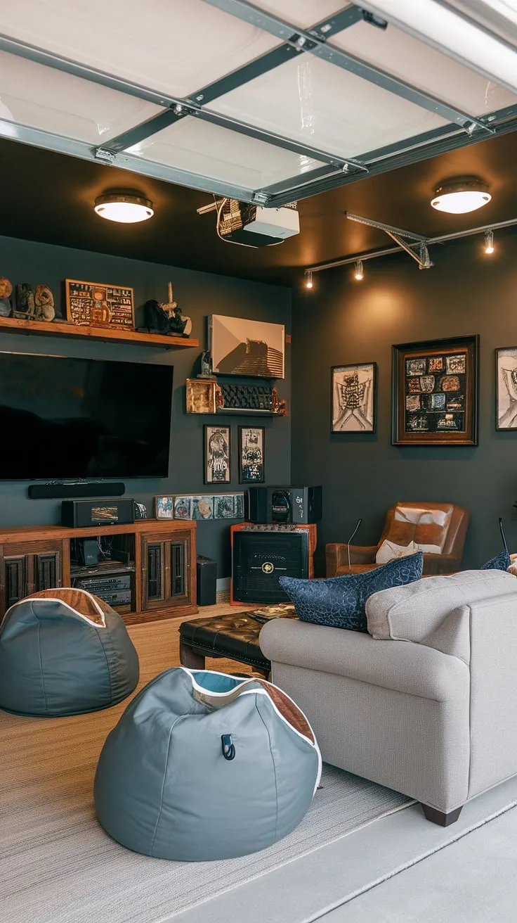 This garage game room, a true mancave in garage, is the ultimate gaming sanctuary. The dark grey walls and hanging lights create an immersive atmosphere, while the comfy couch and bean bag chairs provide the perfect spot to relax after a gaming session. With gaming consoles, a large TV, and shelves showcasing collectibles, this garage conversion games room is a masterclass in garage design and hobby room ideas. Plenty of cool man cave ideas are on display here, proving that a garage man cave ideas can be both functional and stylish.