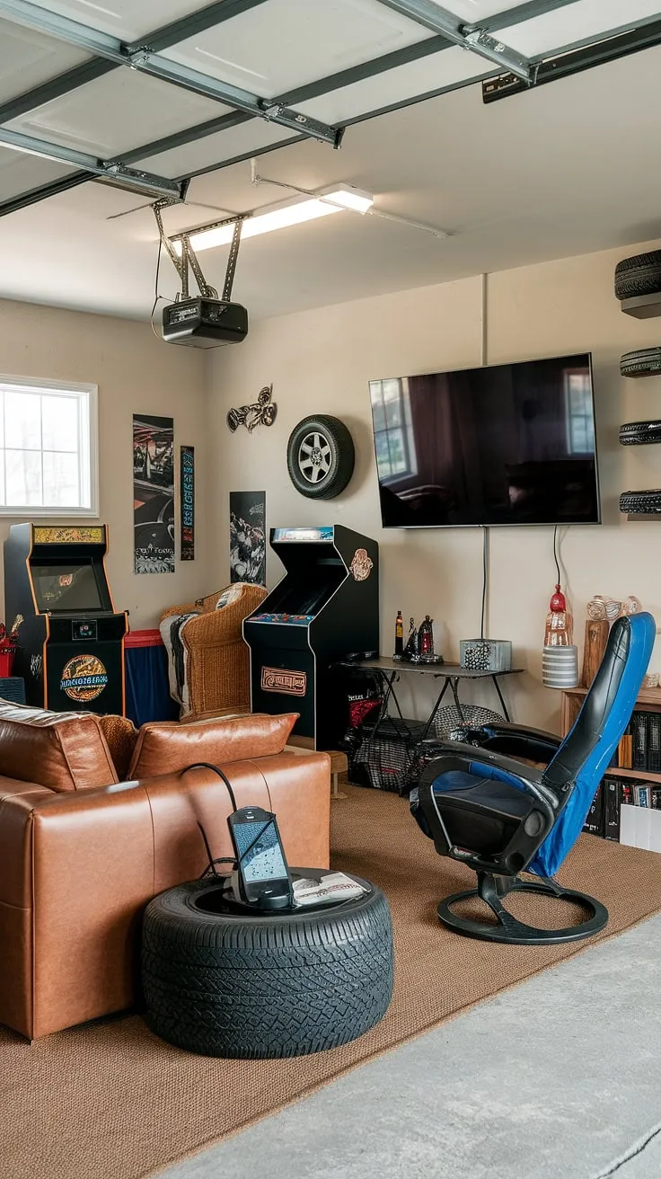 This garage game room is the ultimate gaming garage ideas realization. A perfect blend of garage man cave ideas, this space proves that even a garage can become a stunning hobby room. The ultimate mancave in garage.