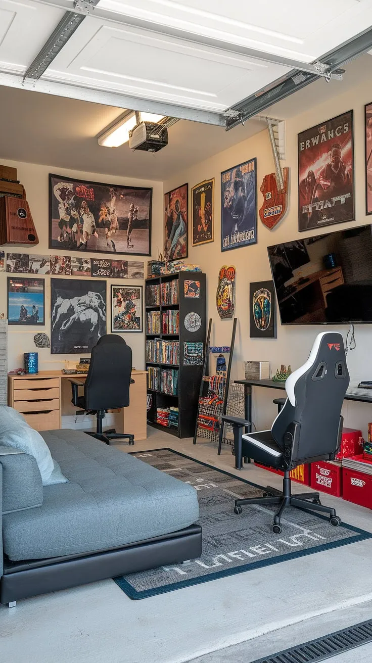 This garage man cave ideas project is a masterclass in garage conversion games room design.  The result? A stunning space that seamlessly blends comfort and entertainment.  With a dedicated gaming area, a cozy sofa bed, and plenty of storage, this garage game room is the ultimate mancave in garage.  Get inspired by these gaming garage ideas and hobby room ideas for your own transformation.