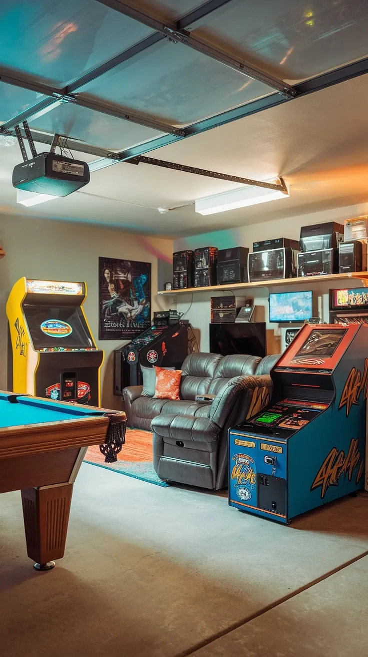 This garage game room transformation is a masterclass in garage man cave ideas.  The vintage arcade machine, pool table, and comfy seating create the perfect blend of retro charm and modern gaming.  Get inspired by this stunning garage conversion games room and discover your own perfect hobby room ideas.