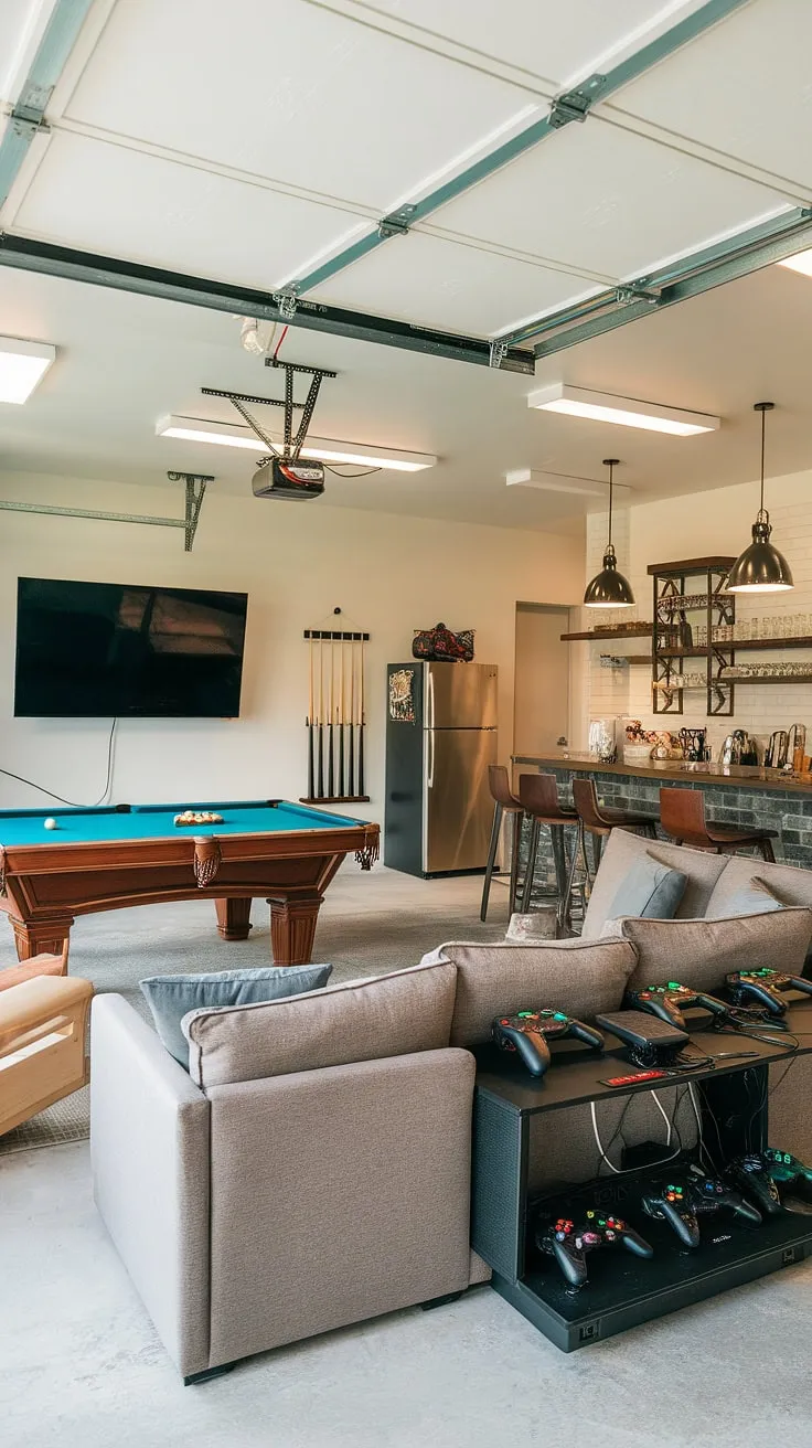 From drab garage to ultimate man cave: This garage conversion boasts a sprawling sectional, a full bar, a pool table, and a dedicated gaming area—the perfect blend of relaxation and recreation.  This garage game room is a masterclass in garage design, offering endless hobby room ideas and cool man cave ideas for your own space.  Explore more gaming garage ideas and garage man cave ideas for your next project.  This garage conversion games room is the ultimate escape.