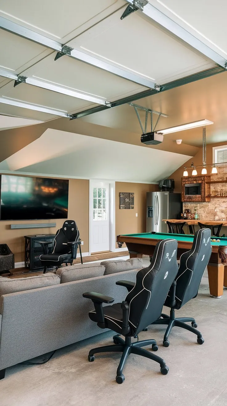 Transforming a garage into a dedicated gaming space? This garage game room offers inspiring garage conversion games room ideas. The thoughtful garage design maximizes space, incorporating a large screen TV, multiple gaming chairs, a pool table, and even a bar with a refrigerator. It's the ultimate mancave in garage, perfect for showcasing your hobby room ideas and realizing your cool man cave ideas. This is a prime example of how to successfully execute gaming garage ideas.