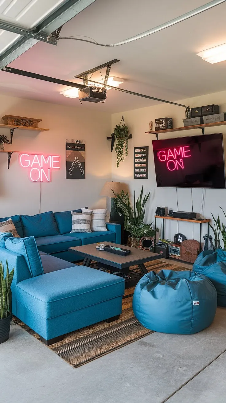 This garage conversion is the ultimate gaming garage games room! A comfy sectional sofa, bean bag chairs, and a massive screen create the perfect atmosphere for epic gaming sessions. Clever garage design and cool man cave ideas combine to make this hobby room a true mancave in garage, showcasing inspiring garage game room ideas. The wooden shelf neatly stores consoles, and the "Game On" neon sign adds a fun touch. This is the perfect example of garage man cave ideas for any serious gamer.