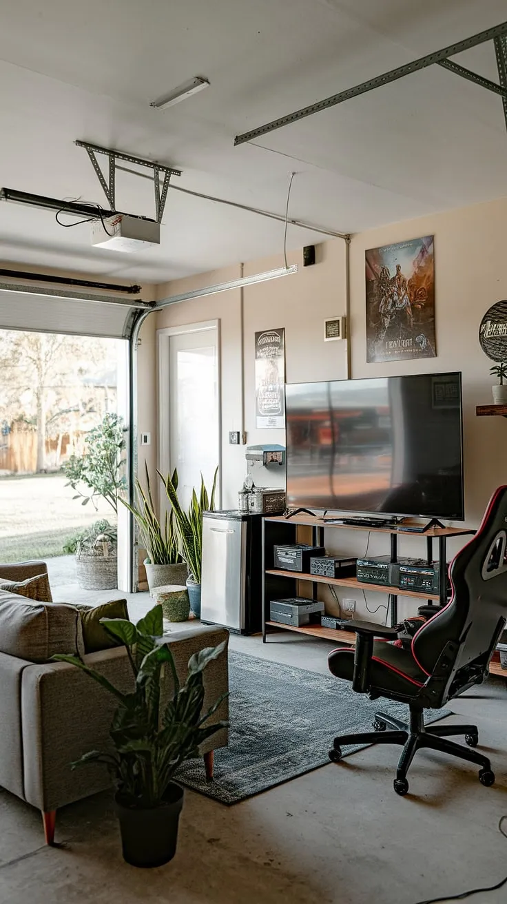 This garage game room is the ultimate man cave in garage, showcasing creative garage design and offering plenty of hobby room ideas. The thoughtful garage conversion games room includes a large screen TV, comfy seating, and a dedicated gaming area, complete with consoles and controllers. A mini-fridge keeps things cool, while potted plants add a touch of life. This is a prime example of cool man cave ideas and inspiring garage man cave ideas.