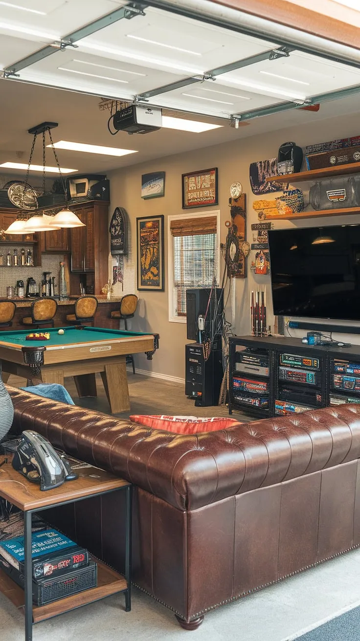 Level up your leisure time with this epic garage game room. This mancave in garage boasts the perfect blend of gaming, relaxation, and entertainment, showcasing inspiring garage design and hobby room ideas. Get your own cool man cave ideas from this garage conversion games room.