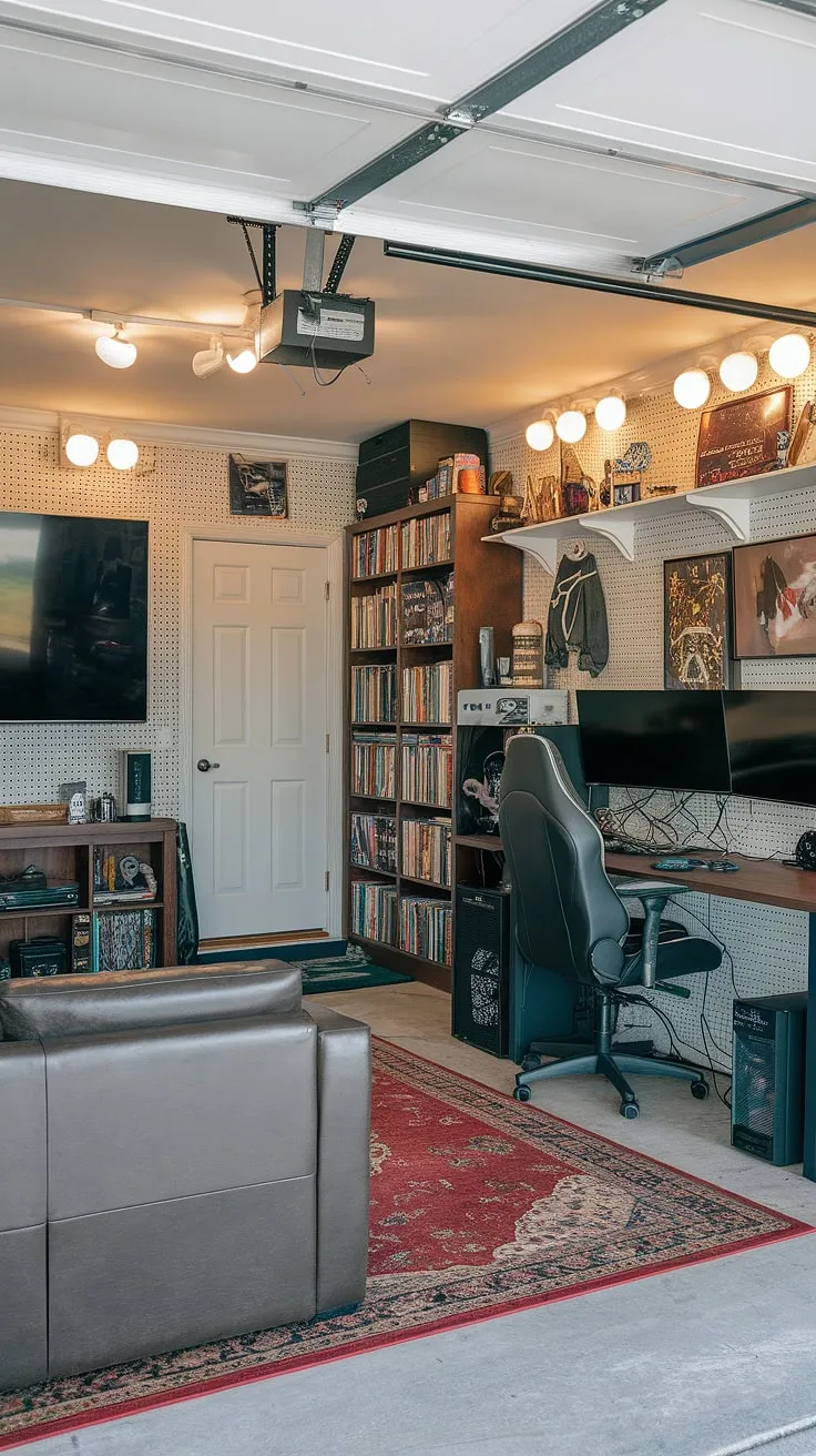 This garage conversion is the ultimate gaming garage, a true testament to cool man cave ideas. The garage game room boasts a large screen TV, comfortable seating, and a high-end PC gaming setup with multiple monitors. Clever garage design maximizes space, incorporating a bookshelf packed with collectibles and a well-lit workspace. This mancave in garage is the perfect blend of hobby room ideas and a dedicated gaming sanctuary, offering endless hours of entertainment. It's a prime example of garage man cave ideas and gaming garage ideas for any serious gamer.