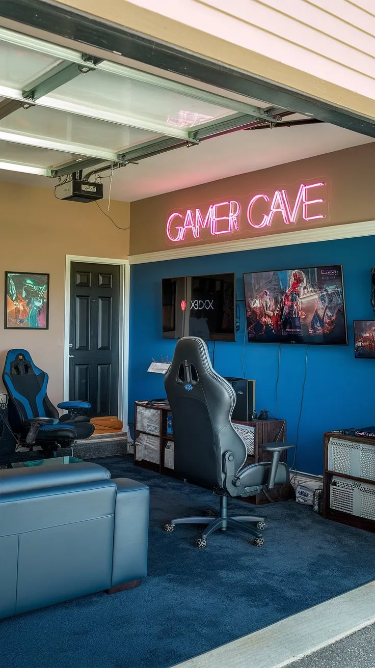 This garage game room transformation is the ultimate mancave in garage! Gaming garage ideas don't get much cooler than this setup. The blue accent wall showcasing the PlayStation, Xbox, and Nintendo Switch, plus the comfy seating and "Gamer Cave" neon sign, make this garage conversion games room a true gamer's paradise. Plenty of garage design inspiration and hobby room ideas here for your own cool man cave ideas. The dark blue carpet ties the garage man cave ideas together perfectly.