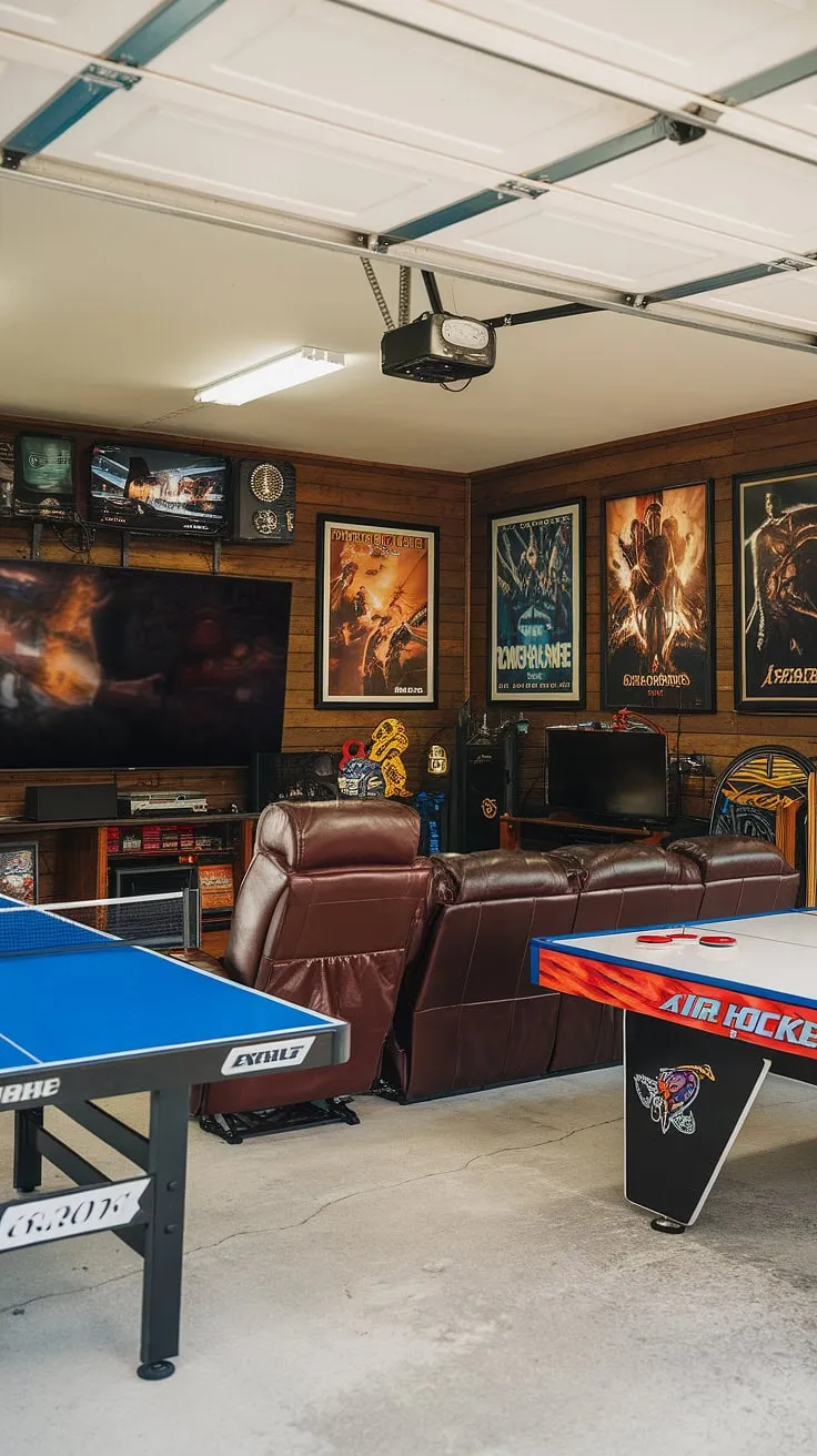 This garage game room is the ultimate man cave in garage, showcasing incredible garage design and overflowing with gaming garage ideas. From classic consoles to a massive projector screen, this garage conversion games room offers the perfect blend of gaming and entertainment.  The leather recliner and comfy couch, alongside a ping pong and air hockey table, make it a true hobby room ideas paradise.  This is what cool man cave ideas are all about!