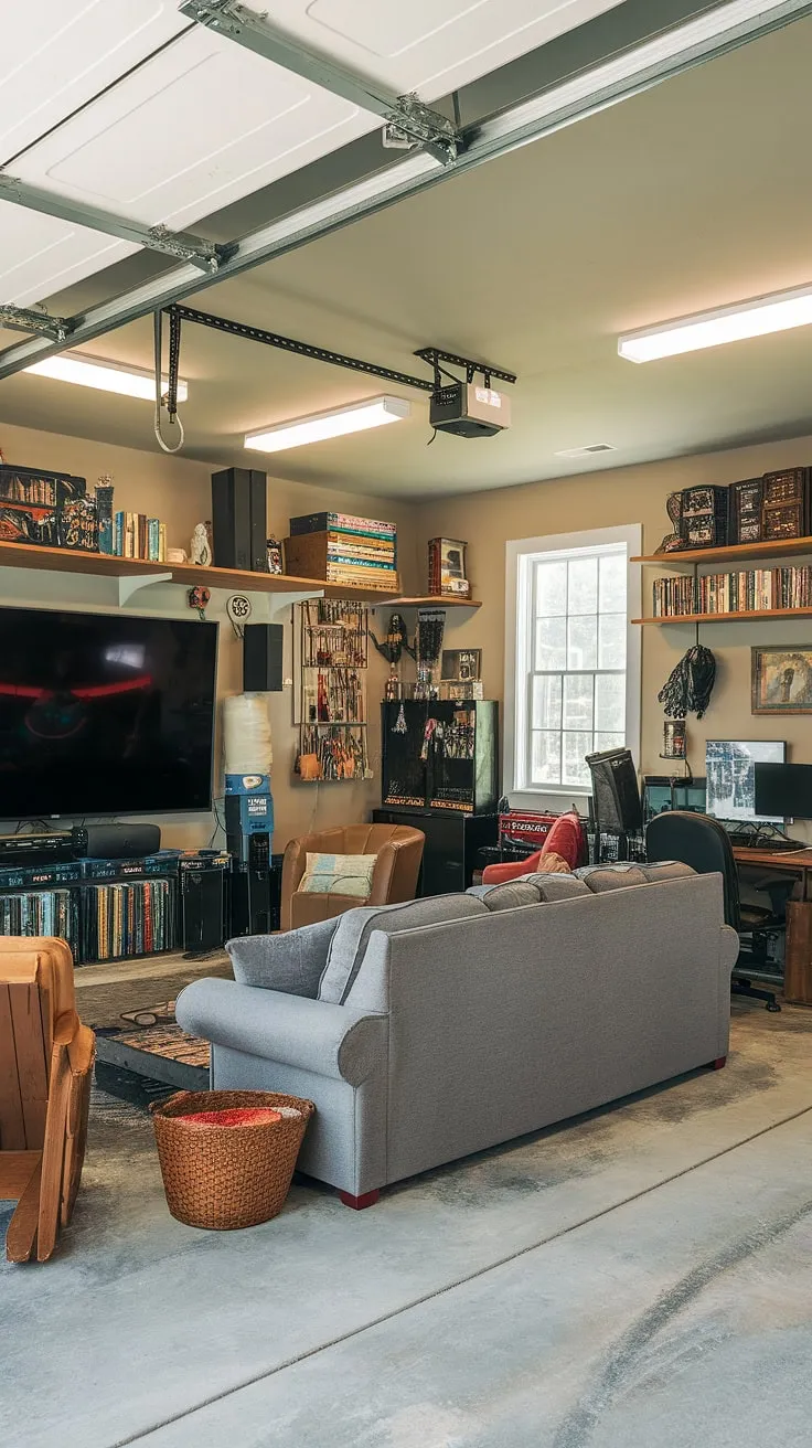 This garage game room is the epitome of garage man cave ideas.  The garage conversion games room boasts a comfortable setup, ample storage, and a killer entertainment system.  Get inspired by this incredible hobby room ideas and transform your own garage into a personalized gaming haven.