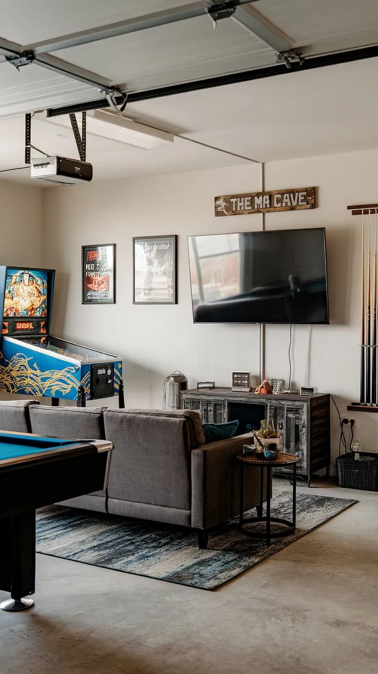 This garage game room is the ultimate man cave in garage, showcasing creative garage design and offering endless hobby room ideas.  From the large screen TV perfect for gaming garage ideas to the pool table and pinball machine, this garage conversion games room is a haven for fun.  Plenty of cool man cave ideas are on display here, proving that a garage man cave ideas can be both stylish and functional.