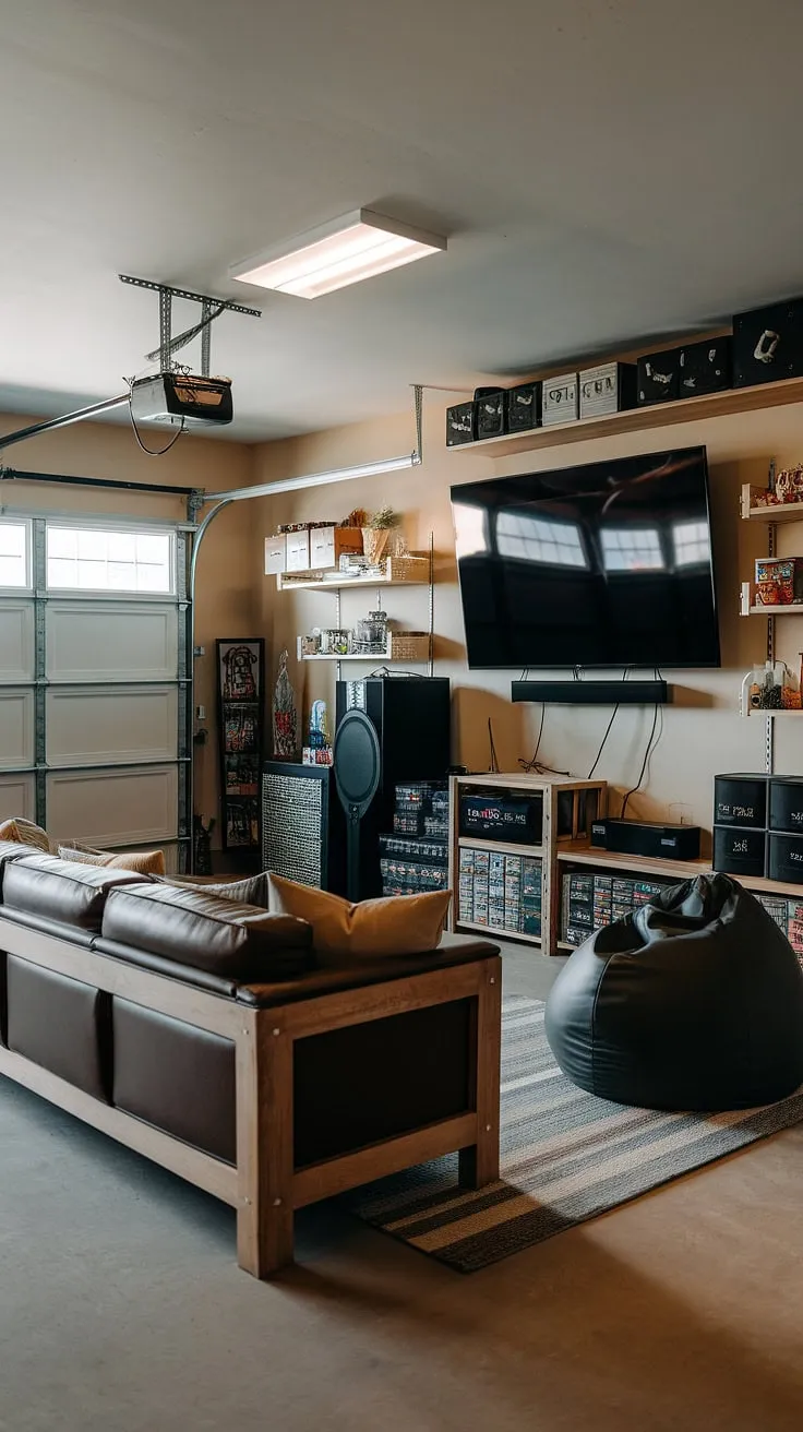 This mancave in garage is the ultimate garage conversion games room!  See how clever garage design and a little imagination can turn a forgotten space into a gamer's paradise.  This garage game room boasts a large screen TV, comfy seating, and ample storage for all your gaming consoles (including PlayStation and Xbox!), making it a perfect example of cool man cave ideas and hobby room ideas.  Check out these gaming garage ideas for inspiration on your own garage man cave ideas.